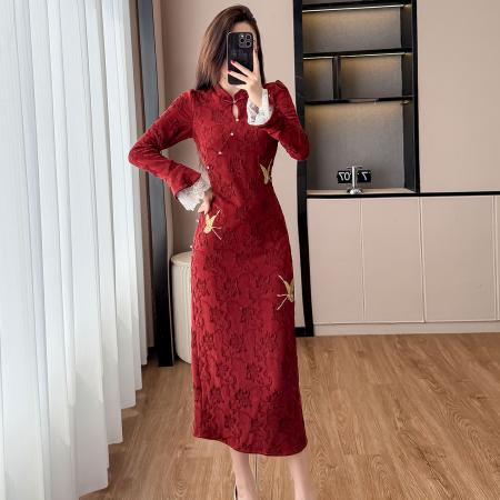 FA43095# 新中式蝴蝶刺绣旗袍长袖提花红色长裙敬酒服订婚礼服回门 服裝批發女裝批發服飾貨源