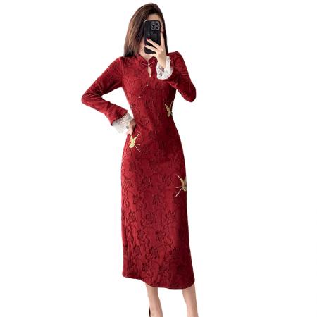 FA43095# 新中式蝴蝶刺绣旗袍长袖提花红色长裙敬酒服订婚礼服回门 服裝批發女裝批發服飾貨源