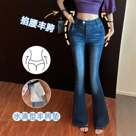 FA43098# 秋季新款韩版丰胯微喇牛仔裤女磨白弹力高腰百搭喇叭长裤 服裝批發女裝批發服飾貨源