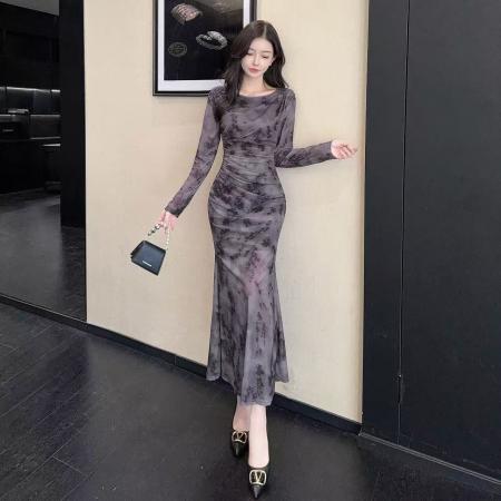 FA43103# 新款气质性感长款网纱包臀印花打底长袖连衣裙 服裝批發女裝批發服飾貨源
