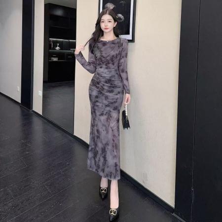 FA43103# 新款气质性感长款网纱包臀印花打底长袖连衣裙 服裝批發女裝批發服飾貨源