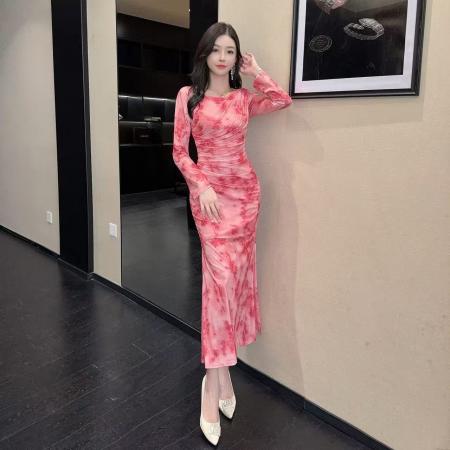 FA43103# 新款气质性感长款网纱包臀印花打底长袖连衣裙 服裝批發女裝批發服飾貨源