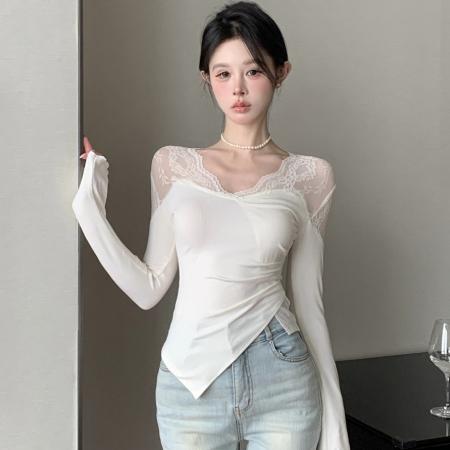 FA43104# 纯欲性感甜美辣妹V领蕾丝长袖T恤女打底衫紧身短款V领不规则上衣 服裝批發女裝批發服飾貨源