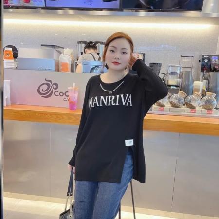 FA43105# 女装秋冬装新款胖mm印花时尚洋气宽松冰丝螺纹中长款t恤 服裝批發女裝批發服飾貨源