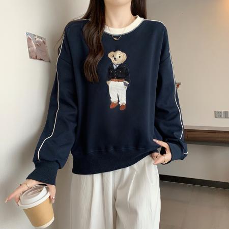 FA43109# 秋装新款胖大码女撞色减龄卡通刺绣长袖套头卫衣上衣 服裝批發女裝批發服飾貨源