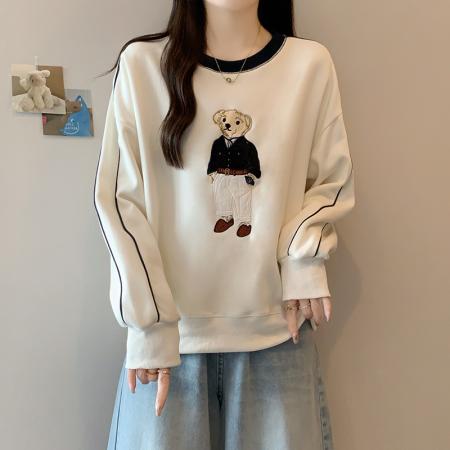 FA43109# 秋装新款胖大码女撞色减龄卡通刺绣长袖套头卫衣上衣 服裝批發女裝批發服飾貨源