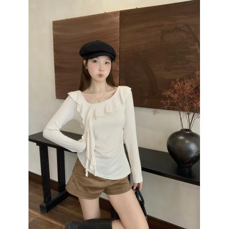 FA43110# 秋装新款胖mm大码女时尚设计感斜领荷叶边修身长袖上衣 服裝批發女裝批發服飾貨源