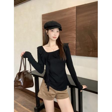 FA43110# 秋装新款胖mm大码女时尚设计感斜领荷叶边修身长袖上衣 服裝批發女裝批發服飾貨源