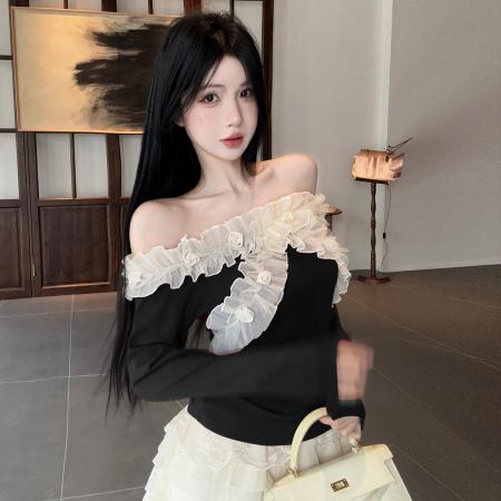 FA43112# 春秋性感辣妹一字领露肩长袖T恤立体花朵褶皱荷叶边修身上衣 服裝批發女裝批發服飾貨源