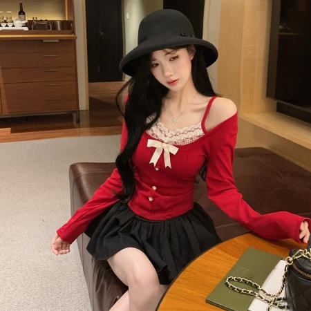 FA43113# 性感纯欲辣妹长袖T恤假两件蕾丝花边蝴蝶结吊带上衣秋冬打底 服裝批發女裝批發服飾貨源