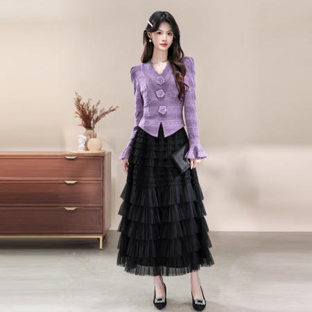FA43114# 新款v领长袖蕾丝上衣网纱半身裙两件套连衣裙 服裝批發女裝批發服飾貨源