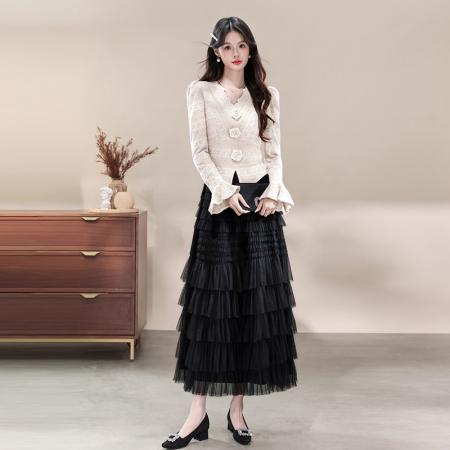 FA43114# 新款v领长袖蕾丝上衣网纱半身裙两件套连衣裙 服裝批發女裝批發服飾貨源