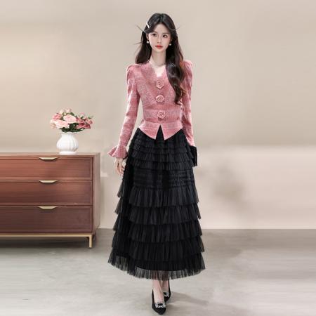 FA43114# 新款v领长袖蕾丝上衣网纱半身裙两件套连衣裙 服裝批發女裝批發服飾貨源
