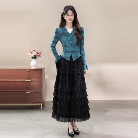 FA43114# 新款v领长袖蕾丝上衣网纱半身裙两件套连衣裙 服裝批發女裝批發服飾貨源