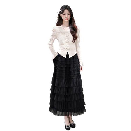 FA43114# 新款v领长袖蕾丝上衣网纱半身裙两件套连衣裙 服裝批發女裝批發服飾貨源