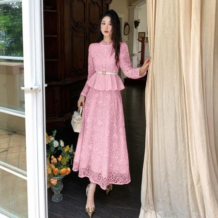 FA43115# 品质新款小香风收腰显瘦两件套水溶蕾丝连衣裙 配腰带 服裝批發女裝批發服飾貨源