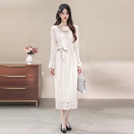 FA43117# 品质法式钉钻V领粉色蕾丝连衣裙高级感收腰气质长裙 服裝批發女裝批發服飾貨源