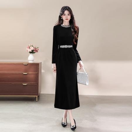 FA43118# 品质高级感晚礼服重工镶钻气质黑色丝绒连衣裙配腰带 服裝批發女裝批發服飾貨源