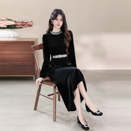 FA43118# 品质高级感晚礼服重工镶钻气质黑色丝绒连衣裙配腰带 服裝批發女裝批發服飾貨源