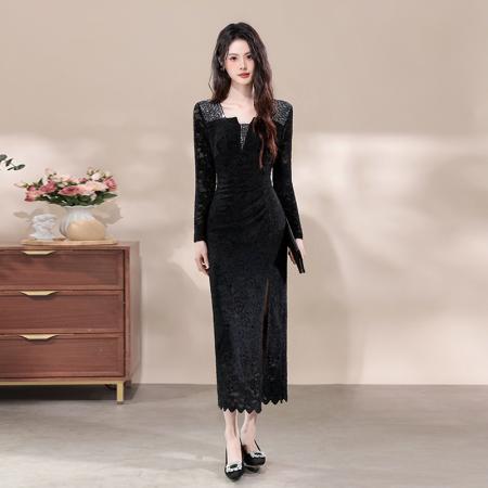 FA43119# 品质重工烫钻方领蕾丝连衣裙气质复古收腰开叉中长裙 服裝批發女裝批發服飾貨源