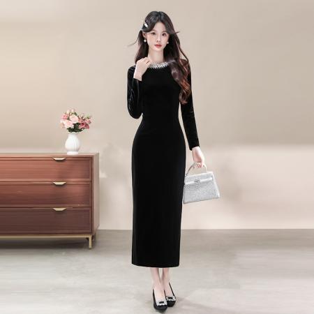 FA43121# 品质晚礼服女轻奢小众高级感年会主持演出丝绒连衣裙 服裝批發女裝批發服飾貨源