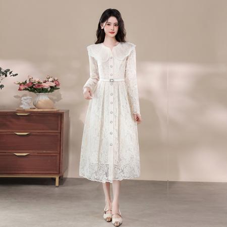 FA43122# 品质高级感重工镶钻娃娃领排扣收腰蕾丝刺绣连衣裙 服裝批發女裝批發服飾貨源