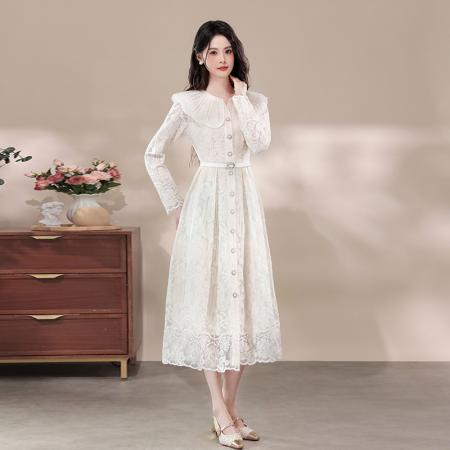 FA43122# 品质高级感重工镶钻娃娃领排扣收腰蕾丝刺绣连衣裙 服裝批發女裝批發服飾貨源