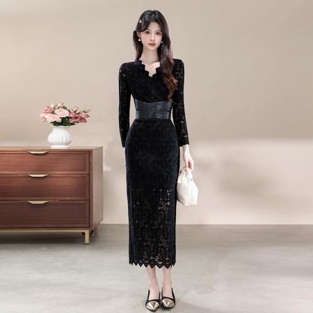FA43123# 品质性感纯欲V领绑带长袖连衣裙显瘦蕾丝包臀辣妹长裙 服裝批發女裝批發服飾貨源