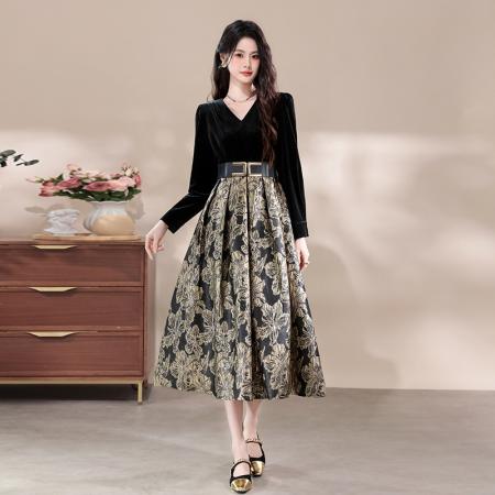 FA43124# 品质海青蓝金丝绒提花连衣裙复古高级感收腰假两件裙子 服裝批發女裝批發服飾貨源