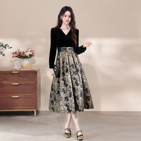 FA43124# 品质海青蓝金丝绒提花连衣裙复古高级感收腰假两件裙子 服裝批發女裝批發服飾貨源