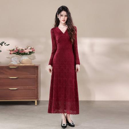 FA43125# 品质秋冬季新款法式复古V领长裙高级感蕾丝连衣裙 服裝批發女裝批發服飾貨源