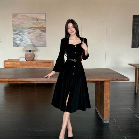 FA43128# 须尽欢灯芯绒连衣裙秋轻奢高级感长袖法式长裙子 服裝批發女裝批發服飾貨源