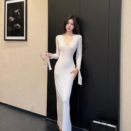 FA43129# 曲线雕塑师深U领长袖打底连衣裙露背收腰针织长裙 服裝批發女裝批發服飾貨源