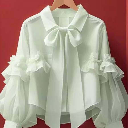 LN76314# 早春新款荷叶边上衣女高级感法式独特漂亮绿色蝴蝶结长袖衬衫