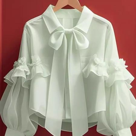 LN76314# 早春新款荷叶边上衣女高级感法式独特漂亮绿色蝴蝶结长袖衬衫