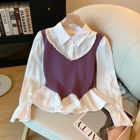 FA43140# 秋冬季减龄百搭不规则设计花边拼接紫色假两件上衣 服裝批發女裝批發服飾貨源