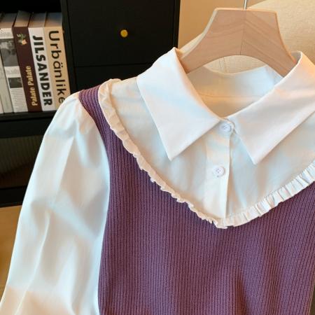 FA43140# 秋冬季减龄百搭不规则设计花边拼接紫色假两件上衣 服裝批發女裝批發服飾貨源