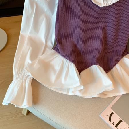 FA43140# 秋冬季减龄百搭不规则设计花边拼接紫色假两件上衣 服裝批發女裝批發服飾貨源