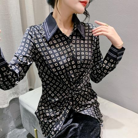 FA43154# 秋季新款时尚复古印花纽结衬衫长袖宽松上衣女 服裝批發女裝批發服飾貨源