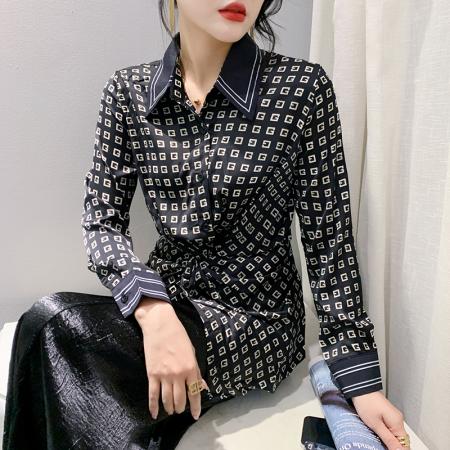 FA43154# 秋季新款时尚复古印花纽结衬衫长袖宽松上衣女 服裝批發女裝批發服飾貨源