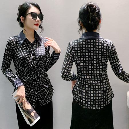 FA43154# 秋季新款时尚复古印花纽结衬衫长袖宽松上衣女 服裝批發女裝批發服飾貨源