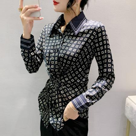 FA43154# 秋季新款时尚复古印花纽结衬衫长袖宽松上衣女 服裝批發女裝批發服飾貨源