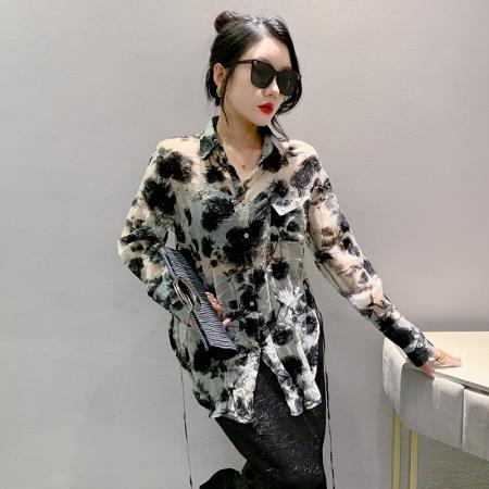 FA43156# 秋季新款印花复古单排扣长袖宽松型中长款POLO领百搭衬衫 服裝批發女裝批發服飾貨源