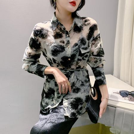 FA43156# 秋季新款印花复古单排扣长袖宽松型中长款POLO领百搭衬衫 服裝批發女裝批發服飾貨源