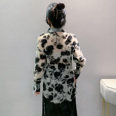 FA43156# 秋季新款印花复古单排扣长袖宽松型中长款POLO领百搭衬衫 服裝批發女裝批發服飾貨源