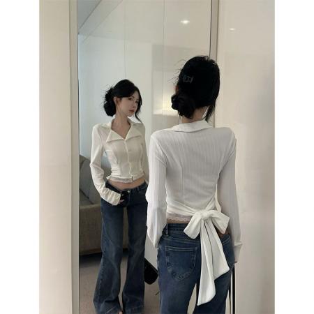 FA43175# 白色蕾丝花边长袖衬衫女小众衬衣别致短款法式上衣 服裝批發女裝批發服飾貨源