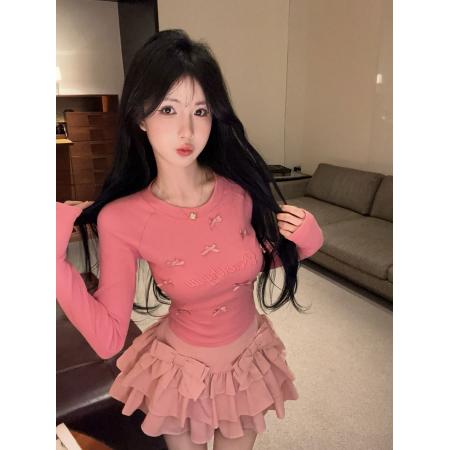 FA43180# 纯欲辣妹蝴蝶结刺绣减龄甜美长袖T恤高腰蓬蓬蛋糕裙套装 服裝批發女裝批發服飾貨源