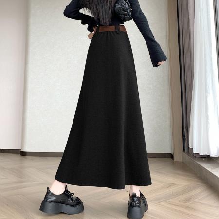 FA43185# 灰色毛呢半身裙女秋冬新款高腰a字中长裙子春秋气质百褶伞裙 服裝批發女裝批發服飾貨源