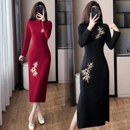 FA43191# 秋冬新款洋气显瘦年会礼服连衣裙新中式国风旗袍刺绣长裙 服裝批發女裝批發服飾貨源