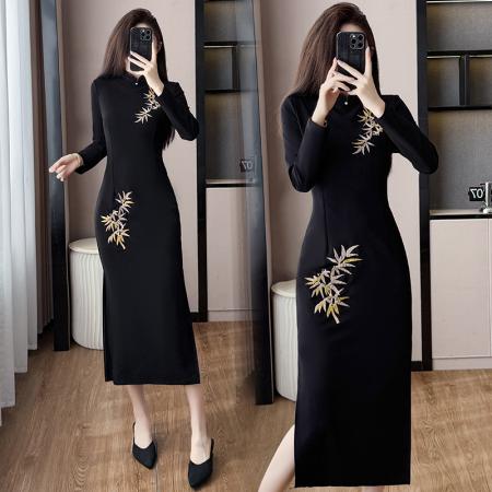 FA43191# 秋冬新款洋气显瘦年会礼服连衣裙新中式国风旗袍刺绣长裙 服裝批發女裝批發服飾貨源